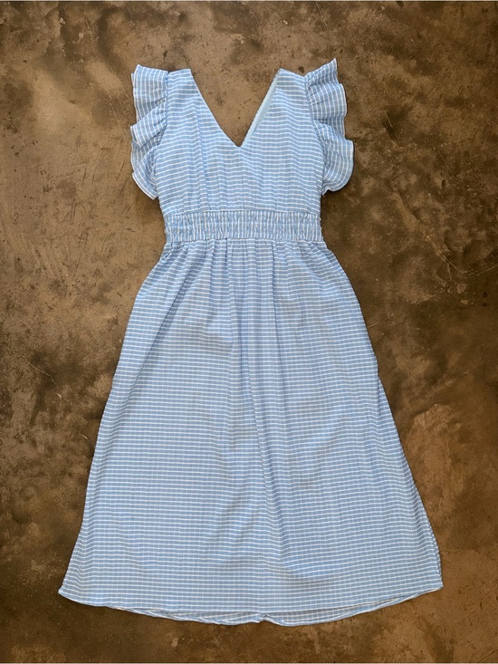 Umgee Dresses & Skirts - Umgee Blue White Stripe Midi Dress Ruffle Sleeve Pockets Smocked Waist S